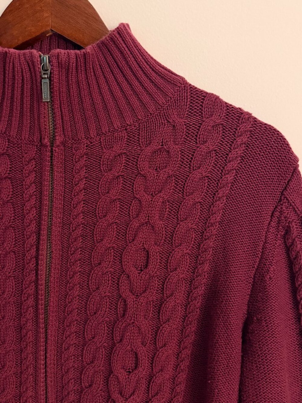 L.L.Bean 100% Cotton Dark Mauve Zipper Front Cable Knit Sweater, Size L, Good Co